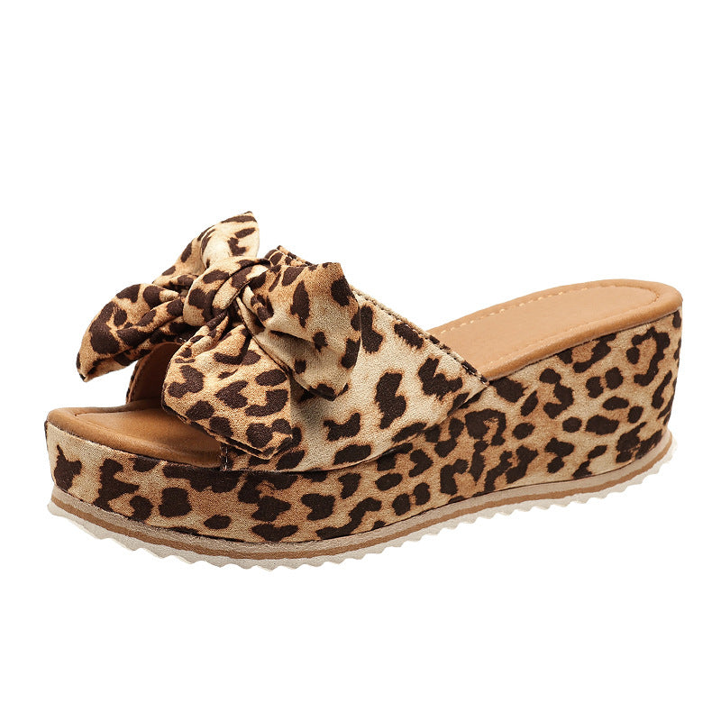 Thick-sole High Heel  Bow Leopard Print Wedge Slippers