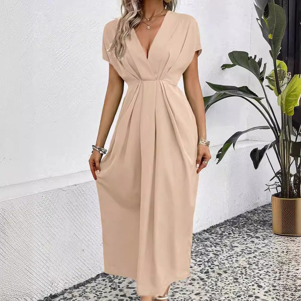 Shoulder Sleeve Folding Elastic Waist Long Dress