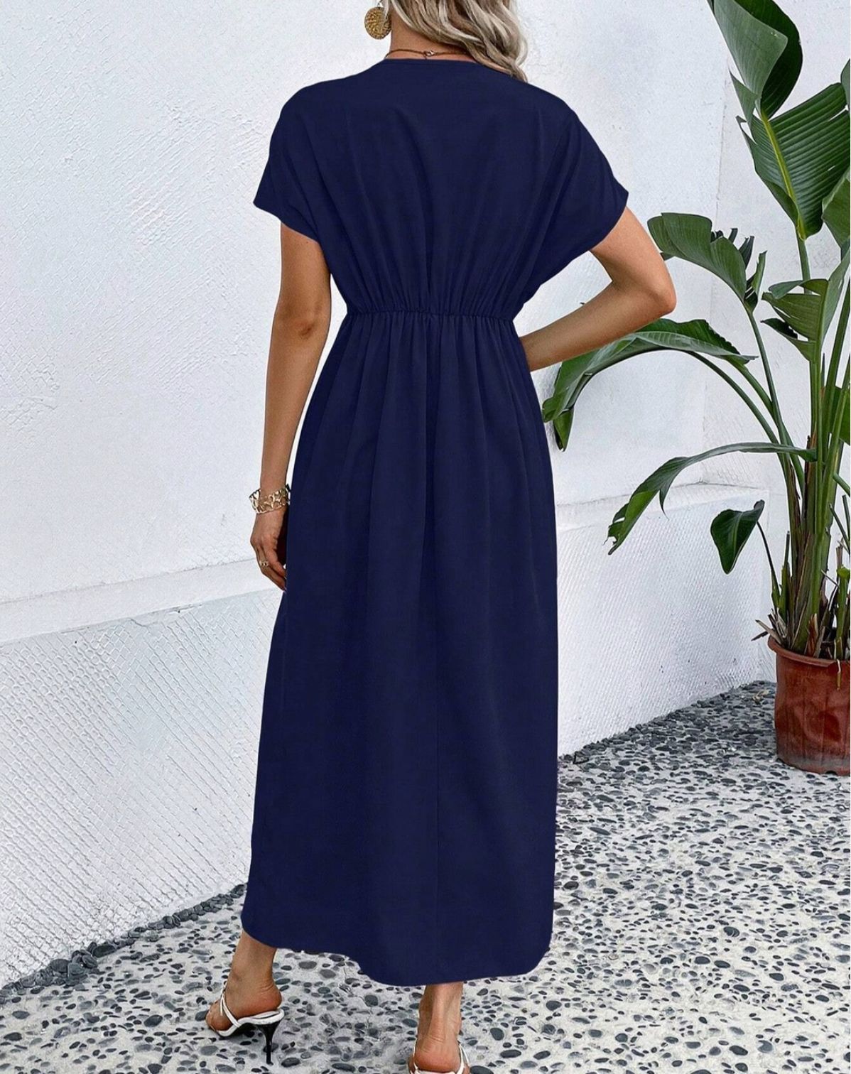 Shoulder Sleeve Folding Elastic Waist Long Dress