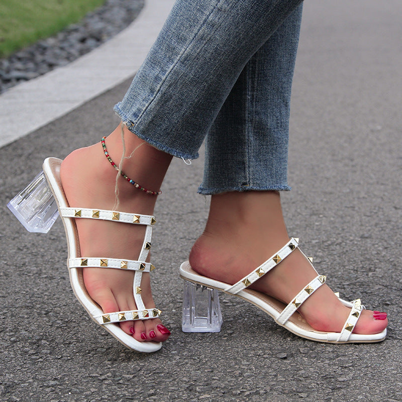 Square Toe Transparent Sandals With Rivet Design For Women