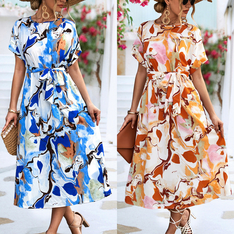 Print Short-sleeved Dress - Loose Lace-up Long Dress