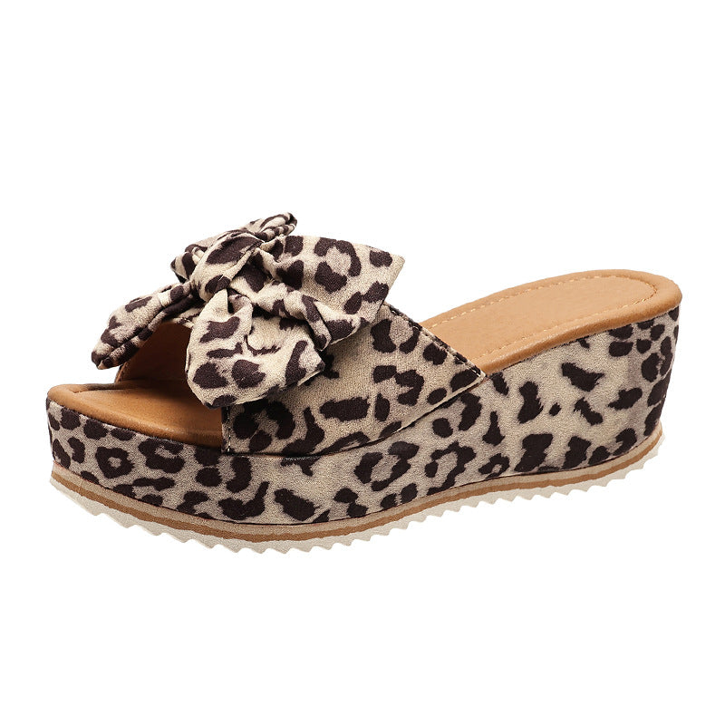 Thick-sole High Heel  Bow Leopard Print Wedge Slippers