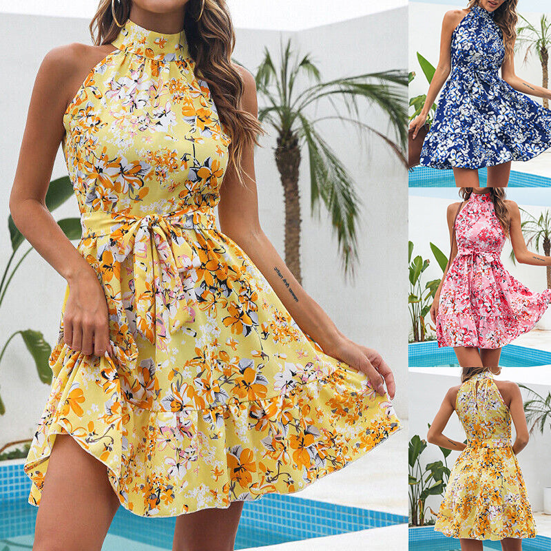 Flowers Print Halterneck Dress