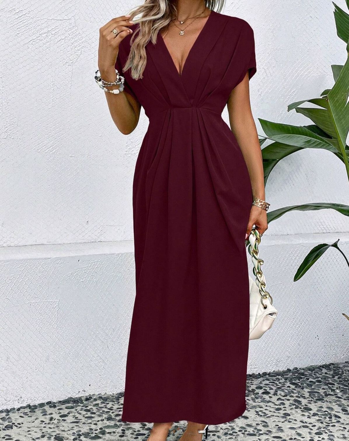 Shoulder Sleeve Folding Elastic Waist Long Dress