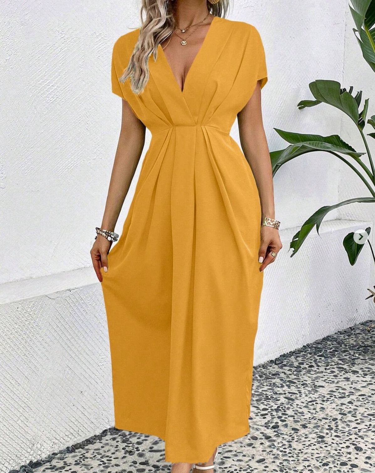 Shoulder Sleeve Folding Elastic Waist Long Dress